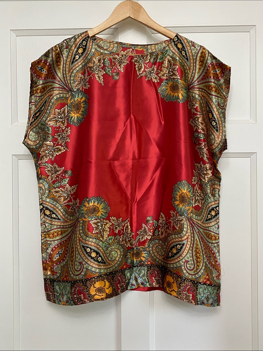 Satin Red & Paisley Short Sleeve Blouse